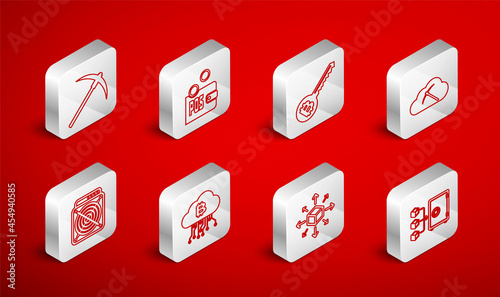 Set line Proof of stake, Cryptocurrency key, cloud mining, Distribution, Pickaxe, and ASIC Miner icon. Vector
