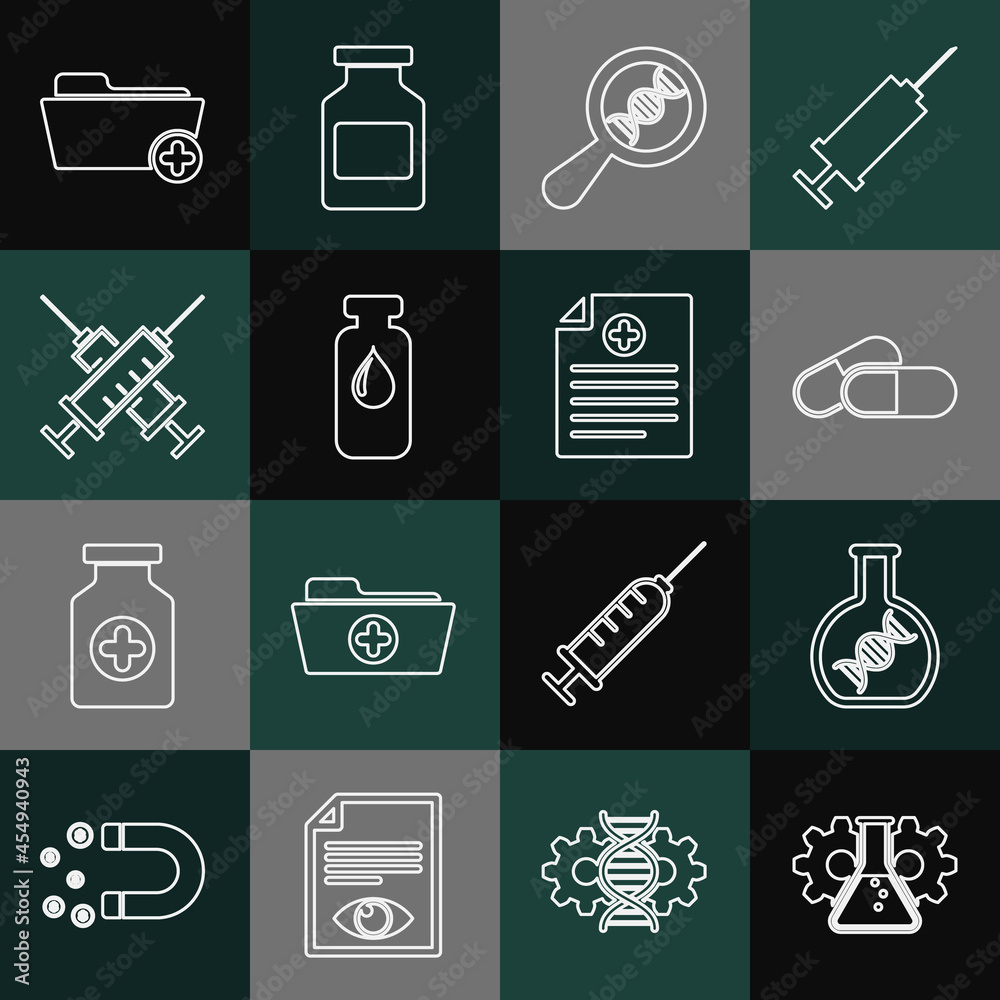 Set line Bioengineering, DNA research, search, Medicine pill or tablet, Medical vial, ampoule, Crossed syringe, Health record folder and Clinical icon. Vector Set line Bioengineering, DNA research, search, Medicine pill or tablet, Medical vial, ampoule, Crossed syringe, Health record folder and Clinical icon. Vector