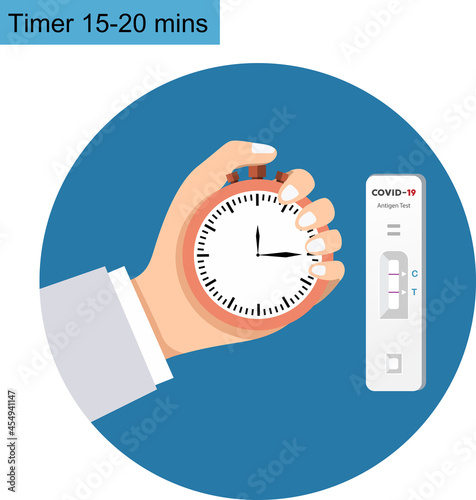 Covid19 rapid diagnostic test timer 15-20 minute icon wait for the results to be displayed. Hand hold stopwatch with antigen cassette isolated vector illustration