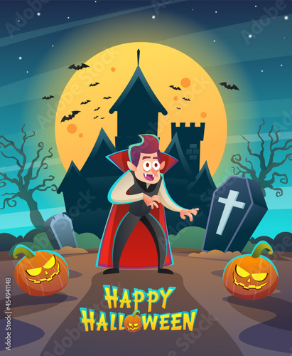 Happy halloween dracula vampire character with dark night castle and moon concept illustration