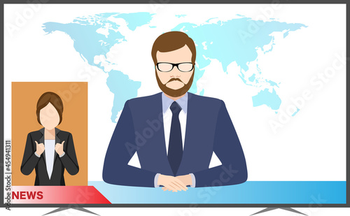 Young man with beard main news reader on a television with Women new reader sign hand language vector