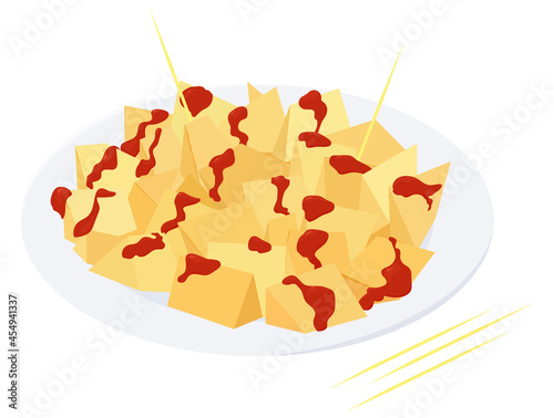 Patatas bravas traditional Spanish potatoes snack. Tapas in plate with toothpicks vector illustration isolated on white.