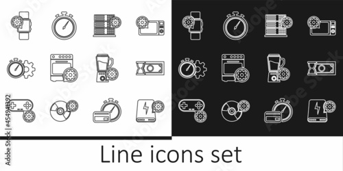Set line Power bank setting, Fast payments, Server, Oven, Time management, Smartwatch, Blender with bowl and Stopwatch icon. Vector