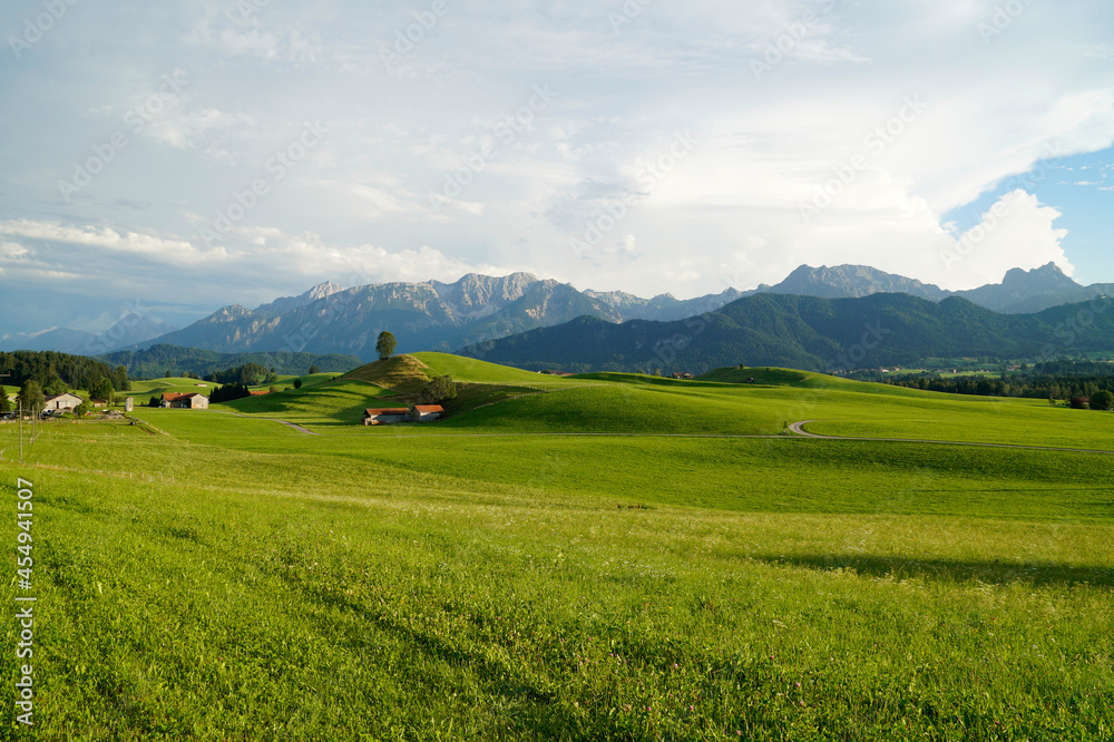 a scenic Bavarian countryside surrounded by succulent green meadows in Allgau or Allgaeu region in Bavaria with the Alps in the background on a cloudy summer day (Germany) a scenic Bavarian countryside surrounded by succulent green meadows in Allgau or Allgaeu region in Bavaria with the Alps in the background on a cloudy summer day (Germany)