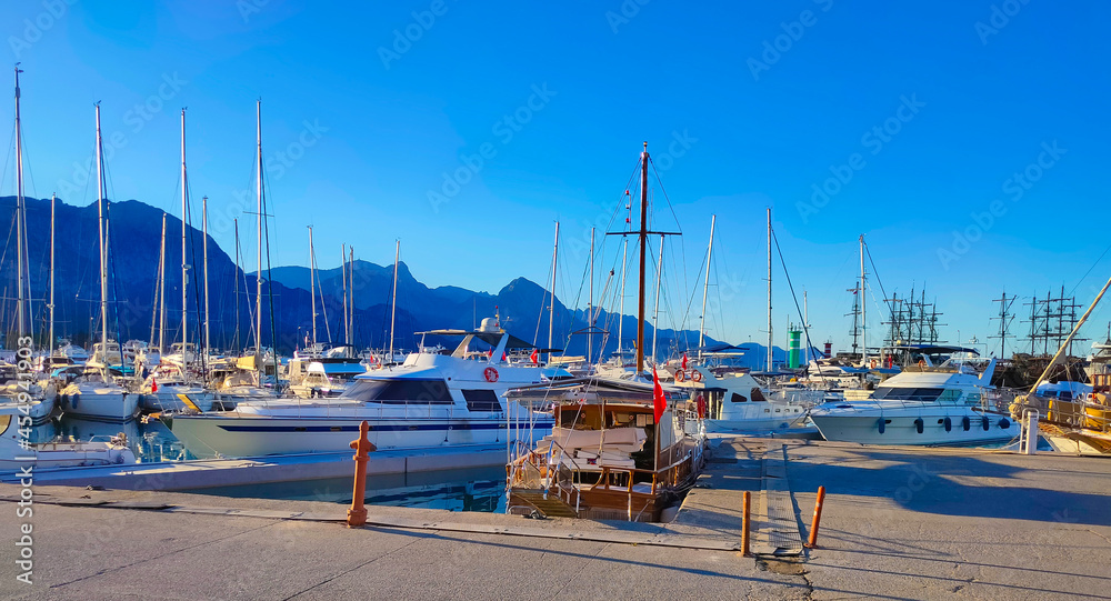 Yachts in the port of Kemer, Turkey.
