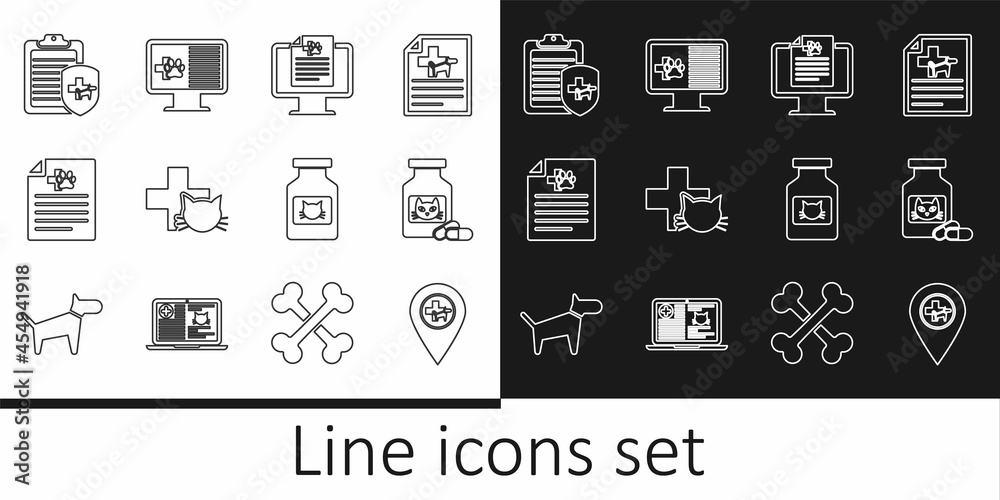 Set line Location veterinary, Cat medicine bottle and pills, Clinical record pet monitor, Veterinary clinic, Medical certificate for dog, and icon. Vector