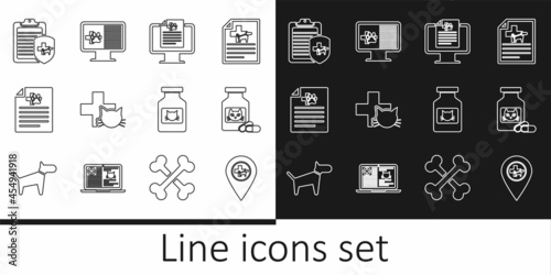 Set line Location veterinary, Cat medicine bottle and pills, Clinical record pet monitor, Veterinary clinic, Medical certificate for dog, and icon. Vector