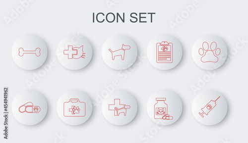 Set line Syringe with pet vaccine, Dog and pills, Cat medicine bottle, bone, Veterinary clinic, Pet first aid kit and icon. Vector