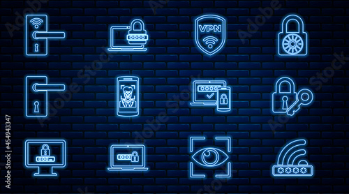 Set line Wifi locked, Lock and key, Shield with VPN wireless, Mobile face recognition, Door handle, Digital door, Two steps authentication and Laptop password icon. Vector