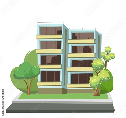 Blue city building. Among the trees. Asphalt road. Cartoon fun flat style. Residential building with windows and balconies. Isolated on white background. Vector.