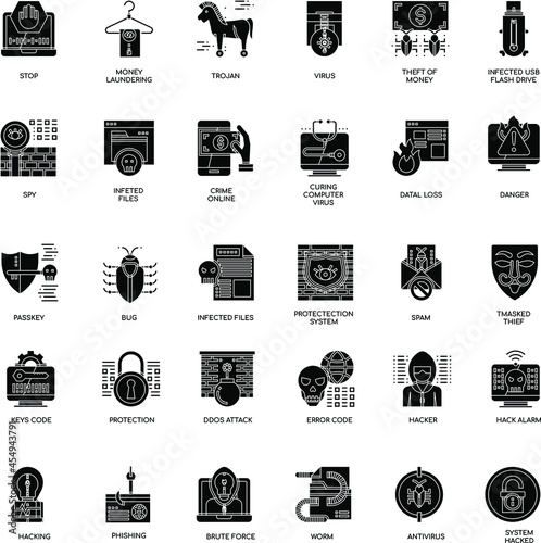 Black and white Hacker Elements flat icon collection set
