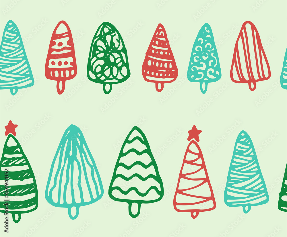 Vector set of seamless Christmas tree borders in red and green colors. horizontal stripes of the template hand-drawn Christmas tree set of simple triangles with a texture of lines, red, green and turq Vector set of seamless Christmas tree borders in red and green colors. horizontal stripes of the template hand-drawn Christmas tree set of simple triangles with a texture of lines, red, green and turq
