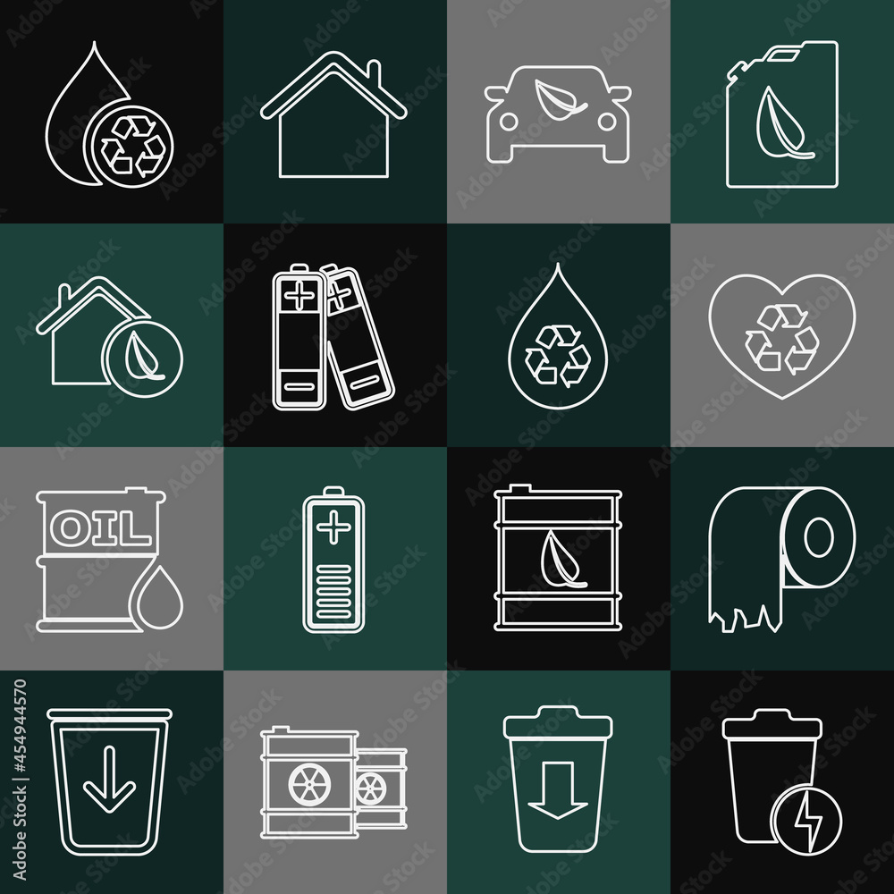 Set line Lightning with trash can, Toilet paper roll, Eco friendly heart, car drive leaf, Battery, house, Recycle clean aqua and icon. Vector Set line Lightning with trash can, Toilet paper roll, Eco friendly heart, car drive leaf, Battery, house, Recycle clean aqua and icon. Vector
