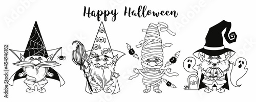 Gnome for halloween linear art, pumpkin Potions Spider web and spider, trick or treat, design for thanksgiving day, cartoon spooky dwarf Vector line art for printable greeting cards and coloring pages