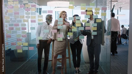group of business people meeting using sticky notes brainstorming colleagues working on problem solving strategy thinking of solution for project in corporate office 4k