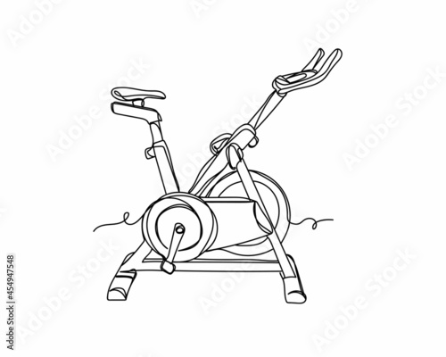 Continuous one line drawing of exercise bike icon in silhouette on a white background. Linear stylized.
