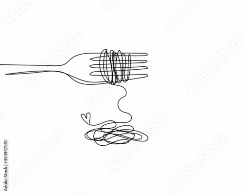 Continuous one line drawing of fork with delicious spaghetti icon in silhouette on a white background. Linear stylized.