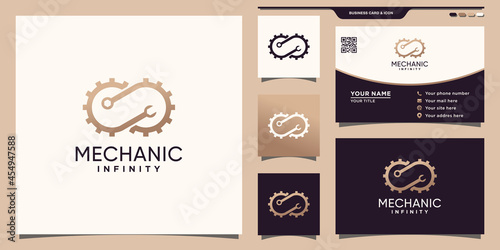 Symbol infinity logo mechanic with gear, wrench and business card design Premium Vector