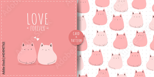 Seamless pattern background wallpaper with cute kitty cat cartoon doodle