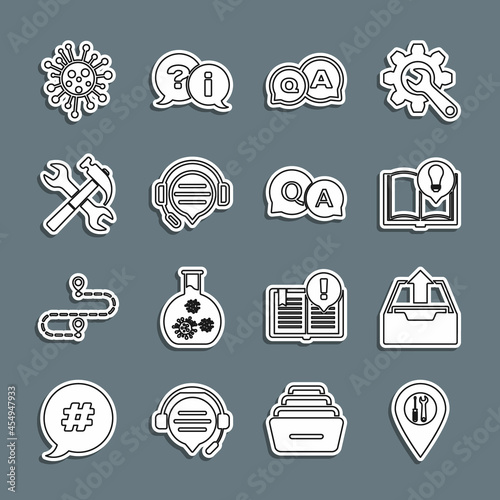 Set line Location service, Upload inbox, Interesting facts, Question and Answer, Headphones with speech bubble chat, Crossed hammer wrench, Bacteria and icon. Vector