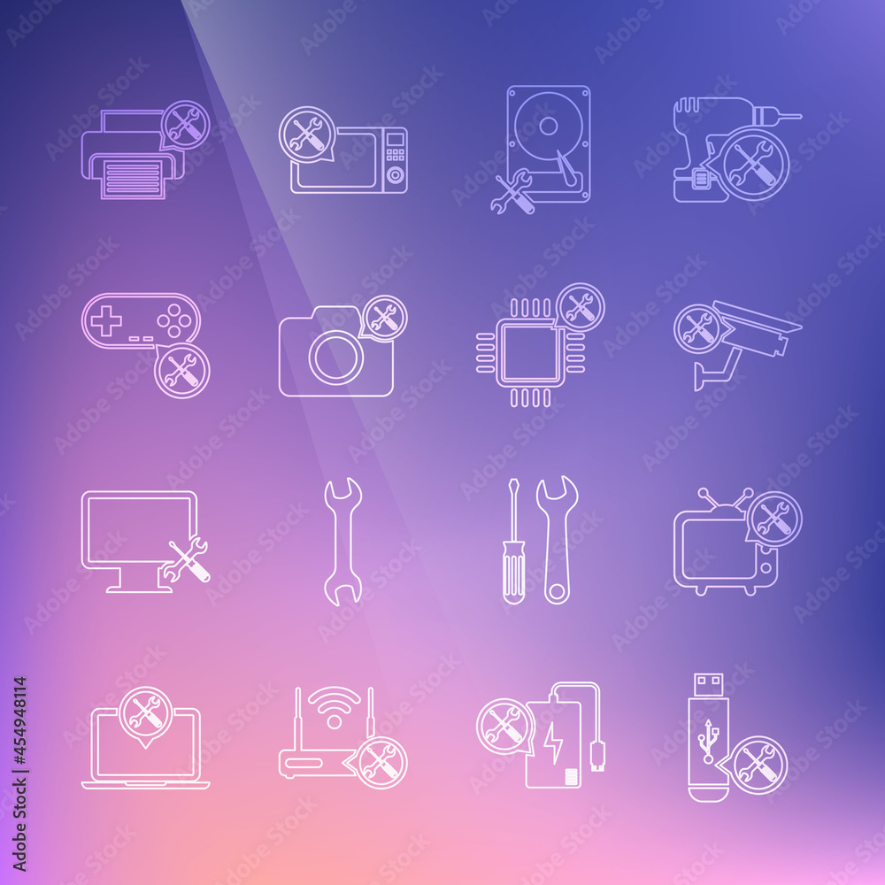 Set line USB flash drive service, Tv, Security camera, Hard disk, Photo, Gamepad, Printer and Processor icon. Vector Set line USB flash drive service, Tv, Security camera, Hard disk, Photo, Gamepad, Printer and Processor icon. Vector