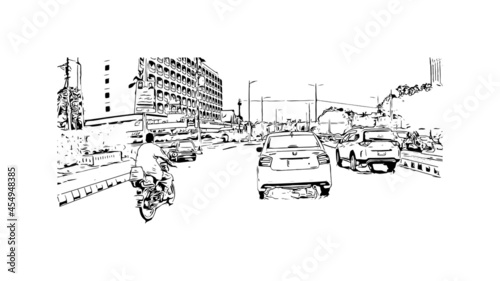 Building view with landmark of Karachi is the largest city in Pakistan. Hand drawn sketch illustration in vector. photo