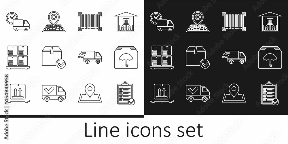 Set line Verification of delivery list, Delivery package with umbrella, Barcode, Package box check mark, Cardboard boxes pallet, truck and clock, in movement and Placeholder map icon. Vector