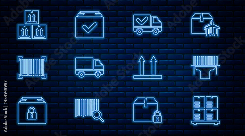 Set line Cardboard boxes on pallet, Scanner scanning bar code, Delivery truck with check mark, cargo vehicle, Barcode, traffic, This side up and Package icon. Vector