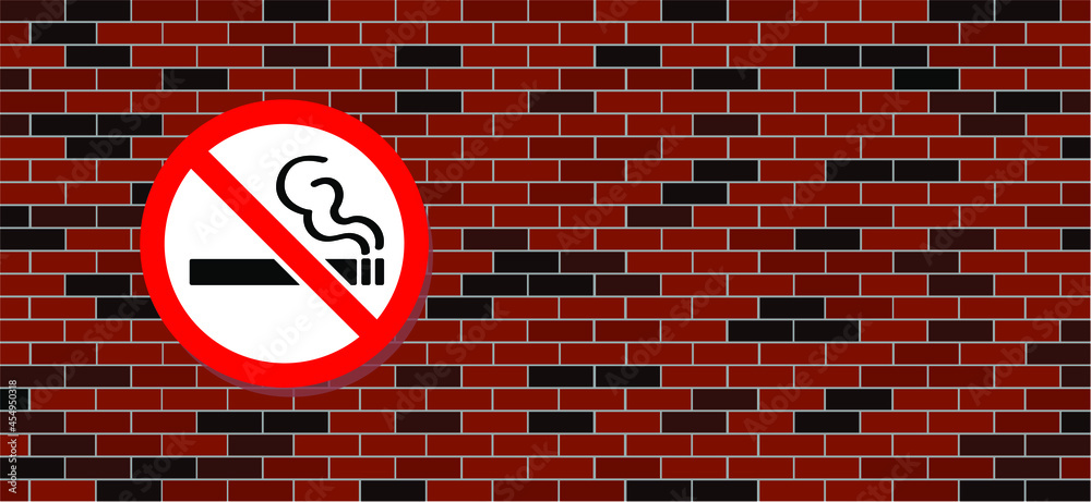 Forbidden no smoking pictogram. Stop, no smoke cigarette tobacco or cigarettes. Smokking signboard on brick wall. Vector logo. Designated area. No smoking day. Forbidden no smoking pictogram. Stop, no smoke cigarette tobacco or cigarettes. Smokking signboard on brick wall. Vector logo. Designated area. No smoking day.