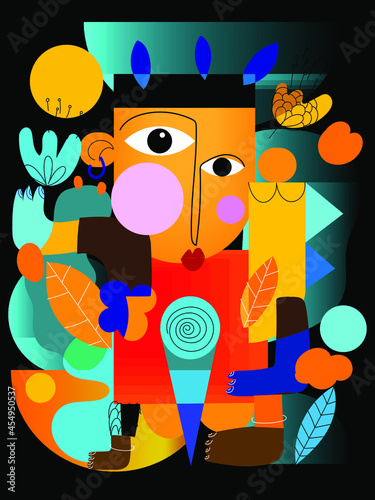 Portrait woman,man face on decorative cubism style character vector illustration.