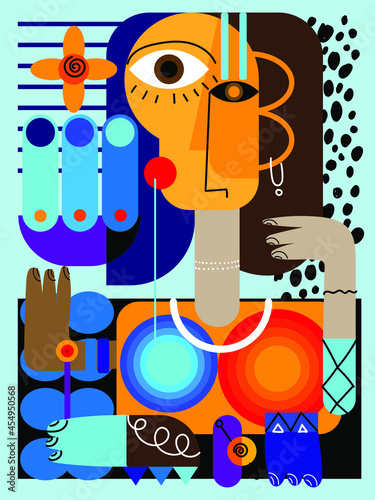 Portrait woman man face on decorative cubism style character vector illustration.