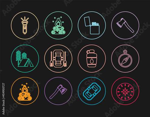 Set line Compass, Lighter, Rafting boat, Tourist tent, Flashlight, Canteen water bottle and Campfire icon. Vector