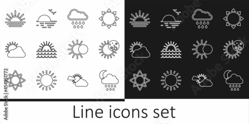 Set line Cloud with rain and moon, Eclipse of the sun, Sunset, cloud weather, and icon. Vector
