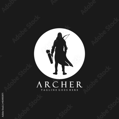archer soldier silhouette with arrow logo in black and white style vector design