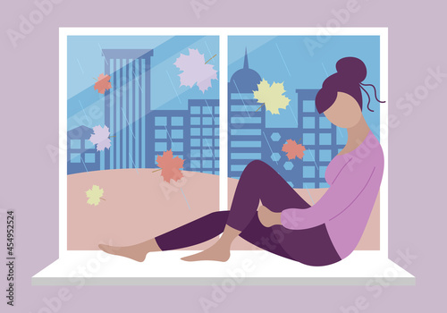 Autumn depression. Sad girl sitting at window. Rainy weather. Maple leaves are falling on street, silhouette of city on background. Vector flat concept illustration