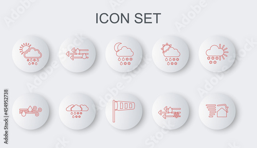 Set line Tornado swirl, Wind and rain, Cloud with snow, rain, moon, sun, and Cone meteorology windsock wind vane icon. Vector