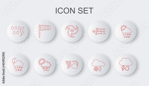 Set line Cloud with rain and lightning, snow, rain, moon, Tornado, Storm, Cone windsock wind vane, sun and swirl icon. Vector