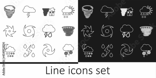 Set line Cloud with snow and rain, Tornado, swirl, lightning and Storm icon. Vector