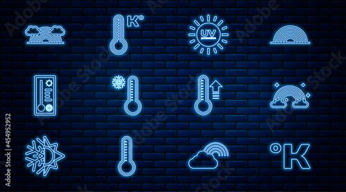 Set line Kelvin, Rainbow with clouds, UV protection, Meteorology thermometer, and icon. Vector