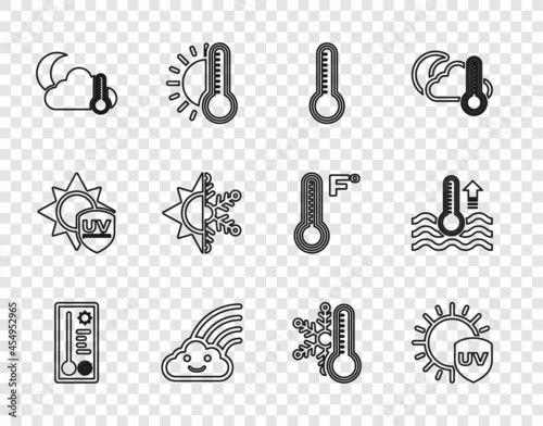 Set line Meteorology thermometer, UV protection, Rainbow with cloud, Thermometer and cloud, moon, Sun snowflake, and Water icon. Vector