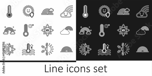 Set line Rainbow, with cloud, Meteorology thermometer, clouds, UV protection and icon. Vector