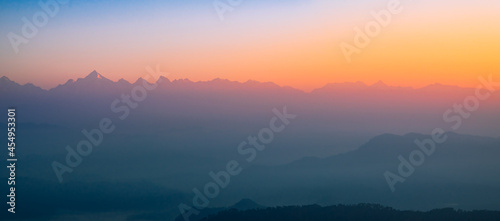 View of Himalays during sunrise at Binsar, a hill station in Almora district, Uttarakhand, India.