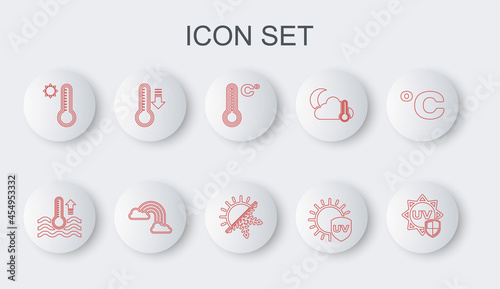 Set line UV protection, Water thermometer, Meteorology, Rainbow with clouds and Sun and snowflake icon. Vector
