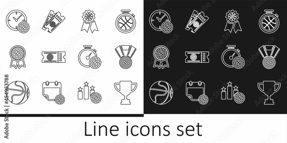 Set line Award cup, Basketball medal, award, game ticket, Clock with basketball, Stopwatch and icon. Vector