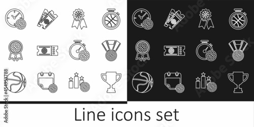Set line Award cup, Basketball medal, award, game ticket, Clock with basketball, Stopwatch and icon. Vector