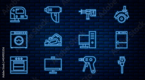 Set line Construction jackhammer, Refrigerator, Rotary drill machine, Electric planer tool, Washer, jigsaw, Computer monitor and industrial dryer icon. Vector