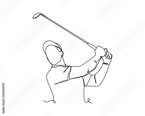Continuous one line drawing of golf player icon in silhouette on a white background. Linear stylized.