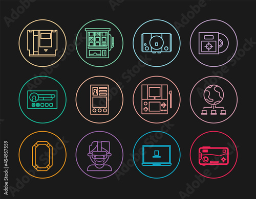 Set line Mobile and playing in game, Computer network, Video console, Create account screen, Cartridge, Portable video and Slot machine icon. Vector