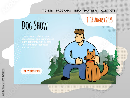 Dog show, exhibition or dog training courses. A young man with his dog on the background of a mountain landscape. Vector illustration, design template of website header, banner or poster.