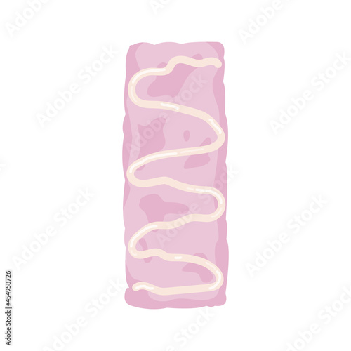 Pink muesli bar in cartoon style unpacked, healthy homemade strawberry snack. An organic dessert for vegans. Sports nutrition. Vector isolated on white background.